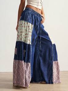 Bohemela Carnival Boho Patchwork Plaid Loose Wide Leg Casual Jeans Pants For Women, Suitable For Summer & Autumn