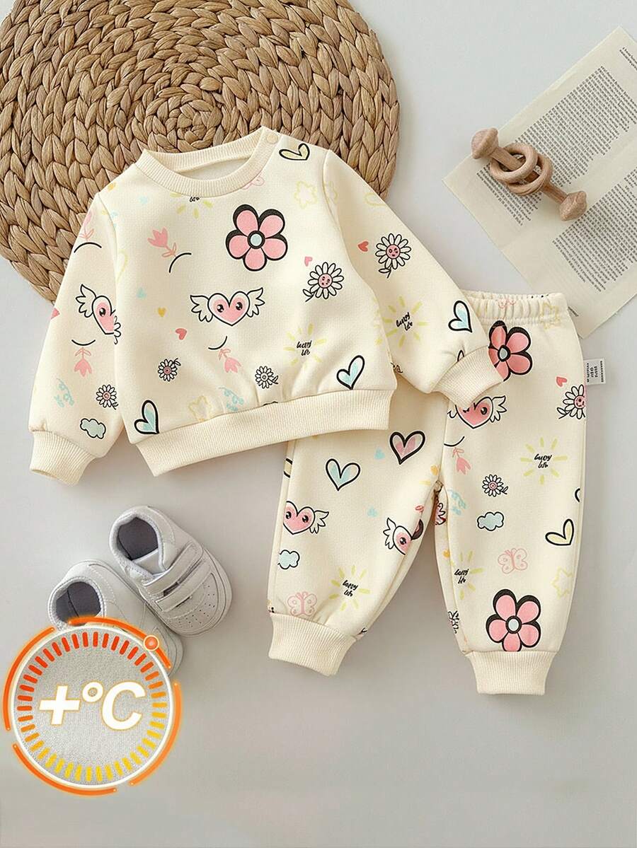 SHEIN 新生女宝宝宽松休闲舒适圆领卡通图案套装 - 彩色 - 查看 1