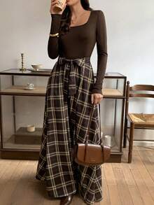 Elyressa Women's Fashion French Square Collar Elegant Urban Commute Long Sleeve Knit Patchwork Plaid Back-To-School Christmas Halloween Holiday Casual Daily Elegant Dress, Autumn/Winter, All Season