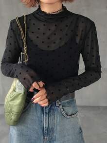 FRIFUL 女士波点印花网纱长袖立领衬衫 - 黑色 - 查看 3