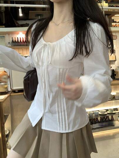 DAZY Women's Tie-Front Round Neck Long Sleeve Korean Style Blouse