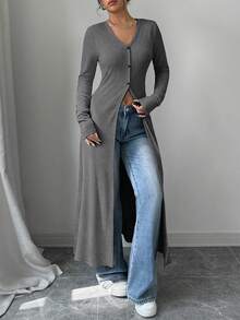 Rafferiza Áo sơ mi nữ tay dài dáng ôm, đơn hàng khuy đơn giản - Xám - Xem 5