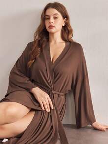 Ocili Leisure Soft & Simple Long Sleeve Plus Size Robe, Chic Autumn Easy Comfort Autumn Slumber, Cozy Outfit, Fall & Winter - Coffee Brown - View 6