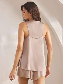 Ocili Bộ đồ ngủ không tay buộc dây bằng vải satin thoải mái dành cho nữ - Màu Khaki - Xem 2