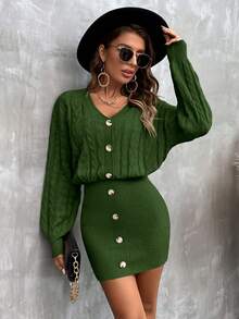 SHEIN Clasi Women's Fashion Drop Shoulder Long Sleeve Button Design Knitted Sweater Dress, Autumn/Winter - Green - View 5