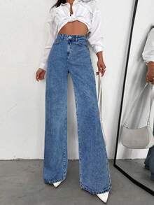 ZIRRA 女士高腰带口袋阔腿休闲百搭牛仔裤 - 中等水洗藍 - 查看 1