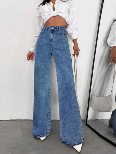 ZIRRA 女士高腰带口袋阔腿休闲百搭牛仔裤