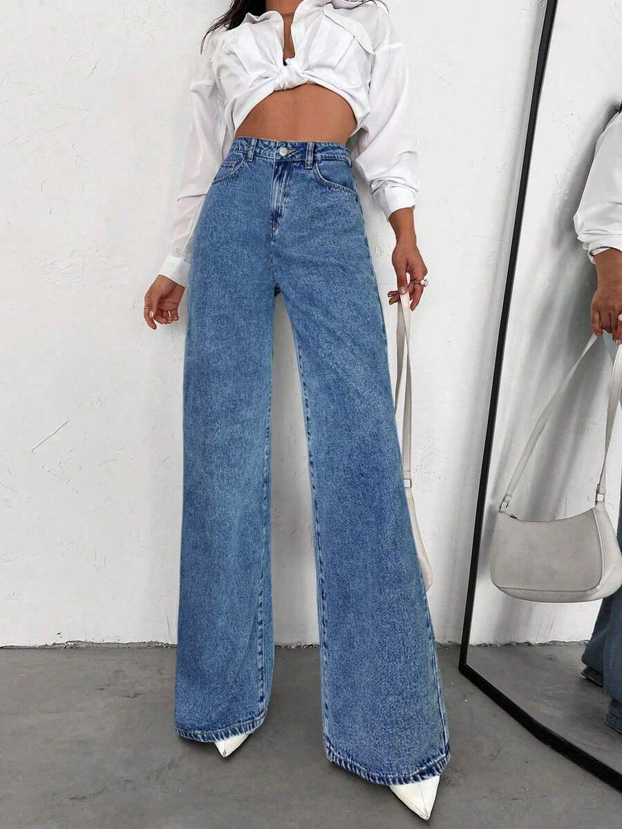 ZIRRA 女士高腰带口袋阔腿休闲百搭牛仔裤 - 中等水洗藍 - 查看 1