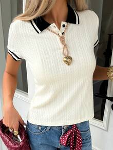 DAZY Women's Summer Contrast Color Collar Short Sleeve Textured Loose Pullover Knit Top - Apricot - View 4