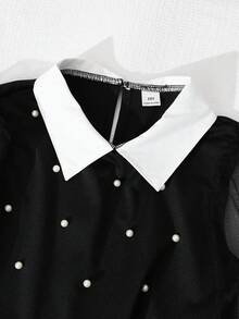 Sparklyn Girls' Pearl Decor Mesh Sleeve Shirt Collar Dress, Suitable For Vacation, Elegant Gala, Back To School Or Halloween - Black - View 5