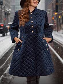 SHEIN CURVE+ Women's Plus Size Velvet Padded Thick Button Pocket Elegant Jacket, Suitable For Autumn/Winter - Navy Blue - View 4