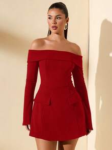 SHEIN BAE 女士秋季露肩长袖装饰鸡尾酒连衣裙，适合派对、约会之夜 - 紅色 - 查看 5