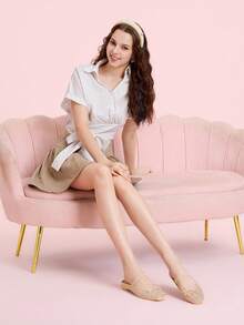 CUCCOO DOLLMOD 女士时尚水钻网眼蝴蝶结玛丽珍平底穆勒鞋，优雅、舒适、可爱甜美的圣诞春季平底乐福鞋 - 杏色 - 查看 2