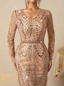 Coutiva Elegant Gorgeous Sequin Embroidery Long Sleeve Champagne Faux Pearl Rhinestone Design Autumn And Winter Dress Design Daily Wear, Party Dress, Dinner Dress, Wedding Guest Dress Luxury Evening Gown, Sequin And Pearl Cuff Design, Elegant Party Dress For Ladies, Long Sleeve Formal Dress, For Wedding Guest, Graduation, Valentine's Day - Champagne - View 2