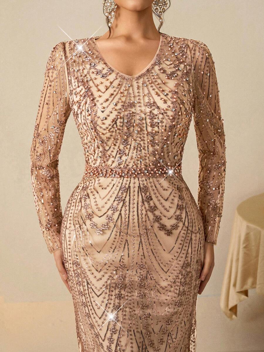 Coutiva Elegant Gorgeous Sequin Embroidery Long Sleeve Champagne Faux Pearl Rhinestone Design Autumn And Winter Dress Design Daily Wear, Party Dress, Dinner Dress, Wedding Guest Dress Luxury Evening Gown, Sequin And Pearl Cuff Design, Elegant Party Dress For Ladies, Long Sleeve Formal Dress, For Wedding Guest, Graduation, Valentine's Day