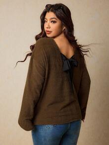 Elaquor Plus Size Women Tie Back Design Brown T-Shirt, Casual Commuter Wear - Brown - View 4