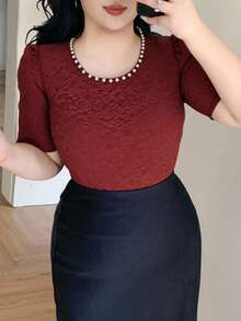 Dazy Plus Plus Size Women Floral Print Puff Sleeve Elegant Spring/Autumn T-Shirt, Suitable For Banquet - Burgundy - View 5