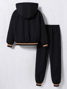 2pcs/Set Tween GirlsBlack Zipper Hooded Jacket With Letter Icon Print + Matching Ribbed Cuff Pants Set, Comfortable Casual Outfit For Autumn/Winter - Multicolor - View 2