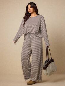 Elaquor Conjunto de 2 piezas de punto a rayas básico para mujer de talla grande, para uso casual y en el hogar - Café integral - Ver 1