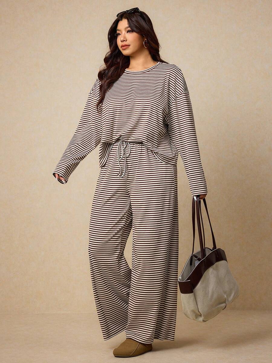 Elaquor Conjunto de 2 piezas de punto a rayas básico para mujer de talla grande, para uso casual y en el hogar - Café integral - Ver 1