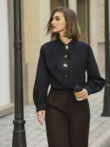 SHEIN Unity Women's Elegant Solid Color Long Sleeve Button-Up Shirt,Black Gold Autumn Office Top,Work Suits,Funeral,Skirt Suit,Suitable For Work - Black - View 3