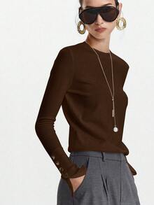 Lumivelle All-Match Round Neck Casual Versatile Long Sleeve Knit Undershirt Brown Long Sleeve Top Dark Brown Top Chocolate Brown Top Coffee Brown Top Brown Top Women - Coffee Brown - View 3