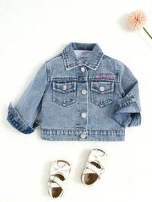 SHEIN Playful Pals Baby GirlCute Rabbit Print Loose Comfortable Denim Jacket And Coat - Medium Wash - View 2