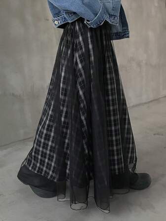 FRIFUL Fustă casual pentru femei, cu talie elastică, în carouri, cu plasă contrastantă