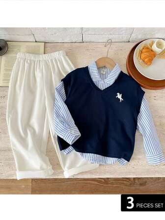 Conjunto de 3 piezas (Camisa de manga larga + Chaleco sin mangas + Pantalones de cintura elástica) de estilo escolar informal para niños, adecuado para otoño/invierno