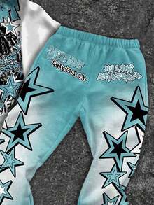 SHEIN Tween Boy Casual Classic Star Print, Fashion Text & Portrait Graphic Short Sleeve Hoodie And Flare Pants 2 Pieces Set, Suitable For Autumn/Winter - Multicolor - View 3