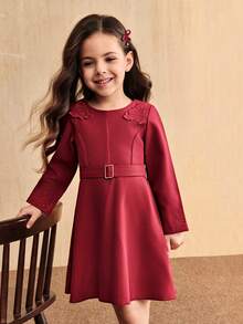SHEIN Young Girl' Burgundy Long Sleeve Autumn/Winter Dress,Mommy And Me Matching Outfits,High-Waist Belt Midi Dress,Traditional Wedding Parent-Child Outfit - Burgundy - View 3