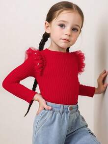 SHEIN Camiseta de punto acanalado con volantes de malla y estampado de estrella en contraste para niña, rojo para Navidad. - Rojo - Ver 5