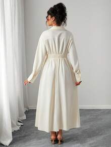 SHEIN Versatile & Comfortable Oblique Collar Long Sleeve Dress - Apricot - View 2