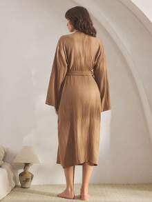 Ocili Áo choàng ngủ lưới hai lớp bằng cotton mềm mại thoải mái dành cho nữ, mùa đông - màu nâu - Xem 3