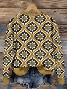 SHEIN LUNE 休闲简约几何提花针织全身印花圆领宽松女式运动衫，适合秋冬季