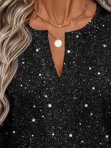 EMERY ROSE Casual Minimalist Glitter Party Blouse For Women, Suitable For Autumn/Winter, New Year New Year Party