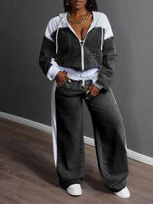 Slaydiva Plus Size Autumn Fashion Color Block Hooded Denim Jacket With Rhinestone Decor Women Jean Jackets - Grey - View 2