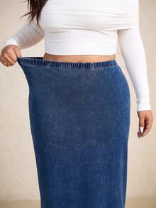 SHEIN CURVE+ 大码女式休闲日常通勤百搭弹力腰修身荷叶边牛仔裙夏季女裙夏季穿搭春季女装复活节女装节日女装沙滩裙沙滩装毕业裙休闲裙度假装女装假日装女装工作装蓝色女裙 - 中等水洗藍 - 查看 3