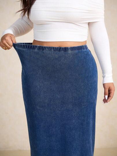 Elaquor Plus-Size Blue Denim Midi Skirt, Comfortable, High-Stretch Denim, High-Waisted, Long Skirt, Slimming Midi Skirt For Autumn And Winter.