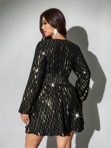 Viva Relle Đầm dự tiệc lấp lánh cổ chữ V ôm eo cỡ lớn cho nữ, tôn dáng khi mặc hàng ngày - màu đen - Xem 2