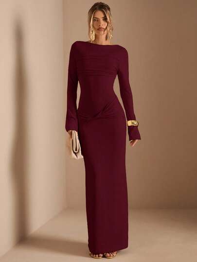 SHEIN BAE Vestido recto de manga larga de punto con cintura fruncida y dobladillo retorcido, color albaricoque. Vestido elegante, para citas, dama de honor, fiesta de cumpleaños, color albaricoque. Vestido de capas para otoño/invierno.