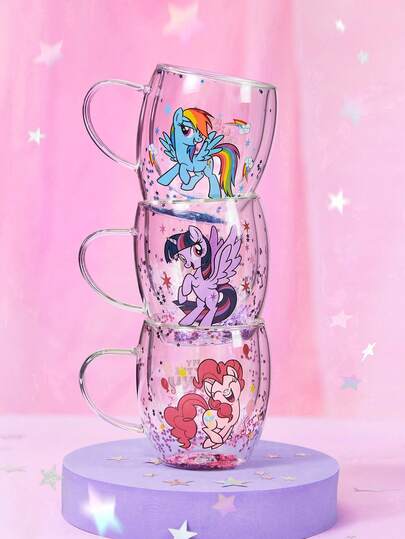 My Little Pony X SHEIN 1PC10.8oz/320ml Cartoon Pattern Borosilicate Double Glass Mug, Coffee Mug, Cold And Heat Resistant, Suitable For Milk, Juice, Coffee, Sparkling Water, Etc., Friendship, Magic, Rainbow Dash, Twilight Sparkle, Pinkie Pie,Gift Ideas