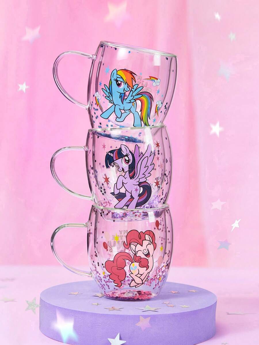 My Little Pony X SHEIN 1个10.8盎司/320毫升卡通图案硼硅酸盐双层玻璃马克杯，咖啡杯，耐冷耐热，适用于牛奶、果汁、咖啡、苏打水等，友谊、魔法、彩虹小马、暮光闪闪、萍琪派 - 無色 - 查看 1