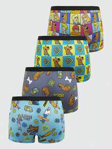 SCOOBY-DOO X SHEIN 4pcs/Pack Tween Boy Checkered & Cartoon Pattern Boxer Briefs
