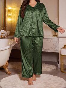 Plus Size Leopard Print Jacquard Faux Silk Lapel Top & Pants Pajama Set, Fall Winter Clothes, Christmas