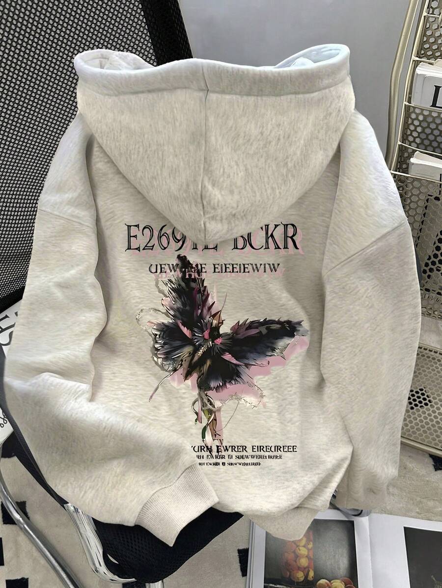 Resyla 大码女式字母蝴蝶印花长袖保暖休闲卫衣,秋冬款 - 淺灰色 - 查看 1