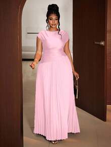 Maweii Plus Size Women Elegant Solid Color Pleated Round Neck Sleeveless Dress - Pink - View 4