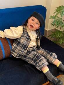 DAZY 2pcs Toddler Girls' Plaid Vest With Tie Waist And Leggings Set - Grey - View 1