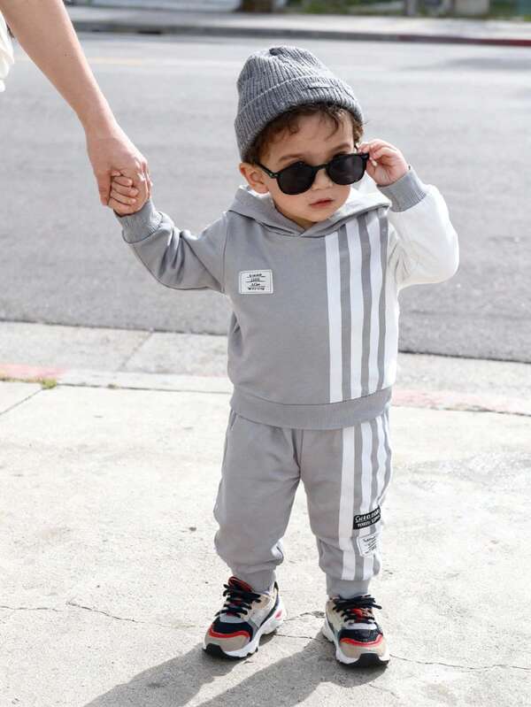 SHEIN 2pcs Baby Boy Outfit: Striped Hoodie Long Sleeve & Elastic Waist Sweatpants Set, Soft & Comfortable, Casual Design For Autumn/Winter, Fits 6 Months To 3 Years Old