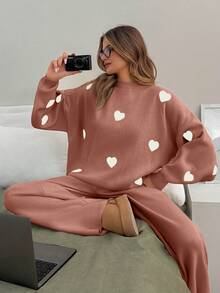 EURMUSE Women Solid Color Hearth Embroidery Round Neck Drop Shoulder Pullover & Sweater Pants Set - Dusty Pink - View 6